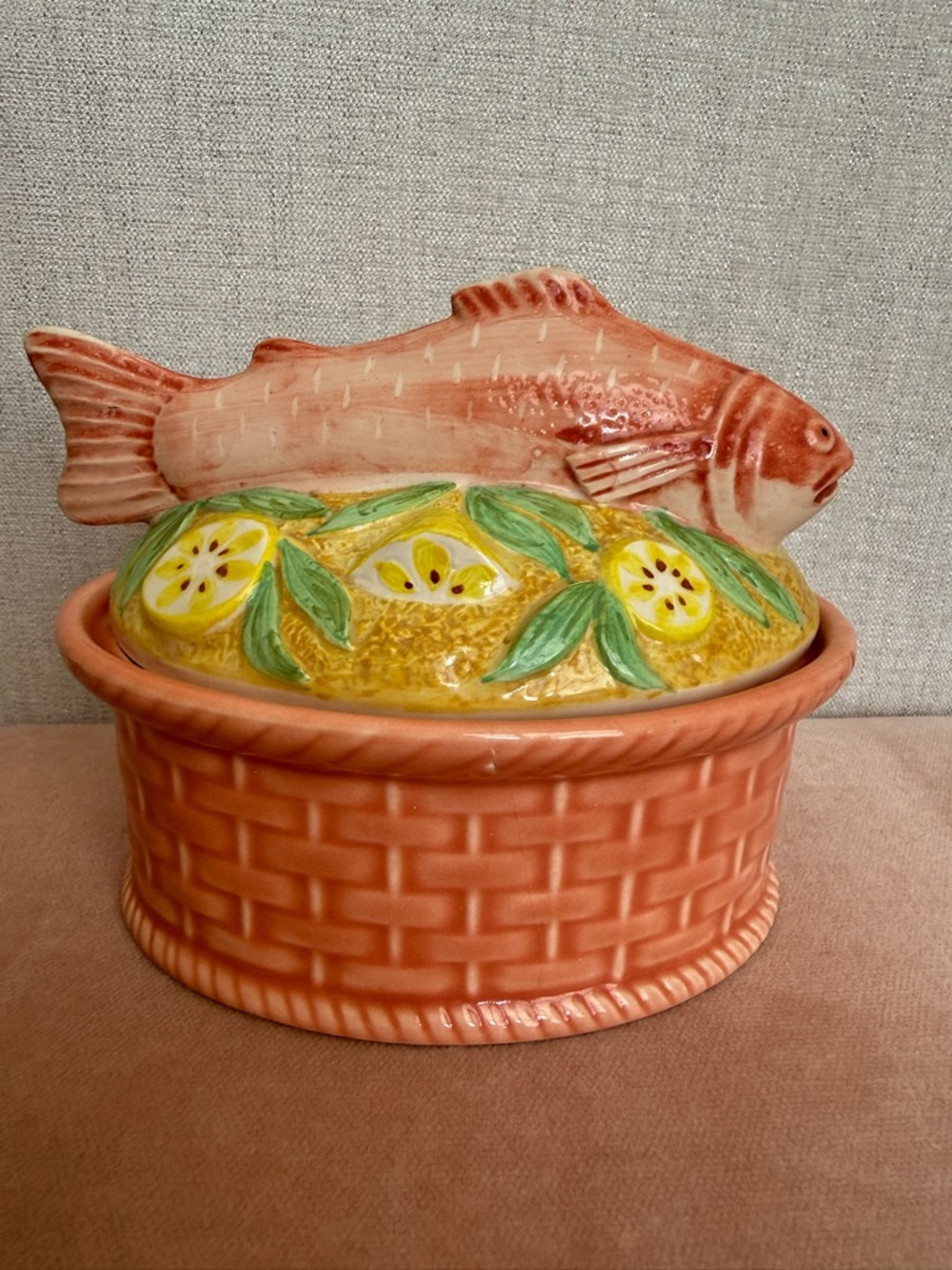 Vintage Portuguese Majolica Fish Tureen Lemon Sardine Salmon Covered Dish